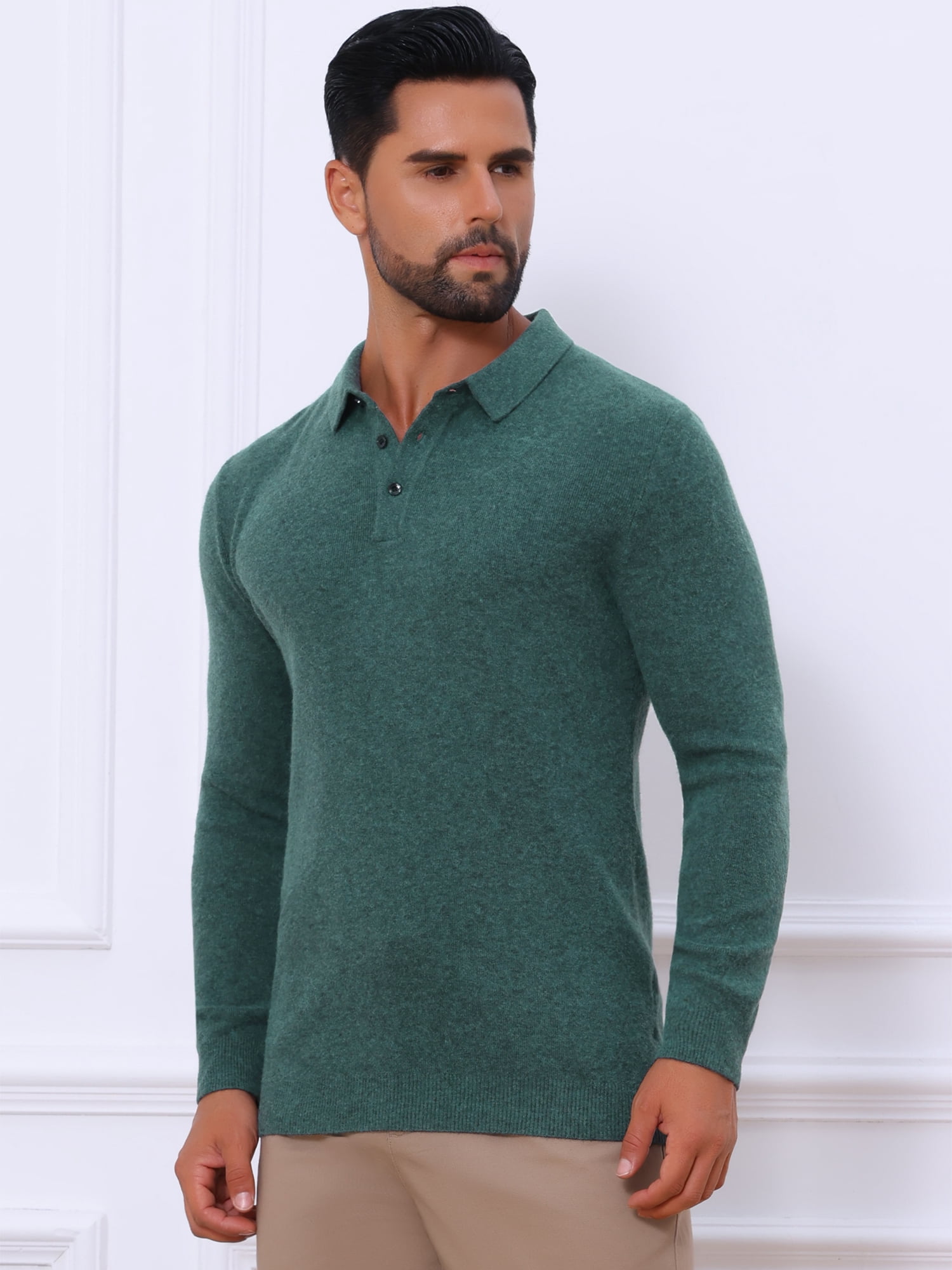 DARING DIVA Men's Long Sleeve Pullover Business Knitted Polo Shirt S Dark Green