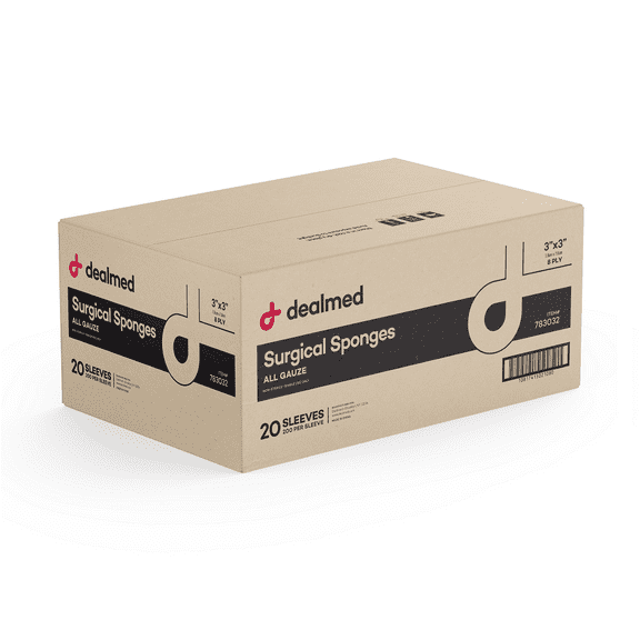 Dealmed 3" x 3" Surgical Sponges, 8-Ply Absorbent Gauze for Prepping, Cleaning, Wound Dressing, and First Aid Kits, 200 Count (20 Pack)