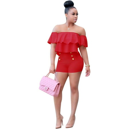 Flared Shorts - Cold Shoulder Slim 2 Pieces Set Women Flared Blouse & Shorts with Buttons