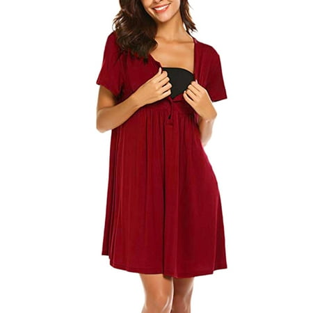 

Vivianyo HD Pregnant Plus Size Dress Ladies Summer Fashion Solid Color Print Short Sleeve Pregnant Woman Clothe Breastfeeding Dress Rollbacks Red