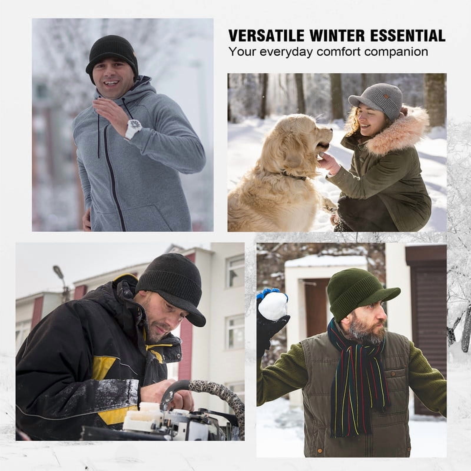 WMCAPS Mens Winter Beanie with Brim - Fleece Lined Thermal Knit Visor Hat for Cold Weather (Slate Gray)