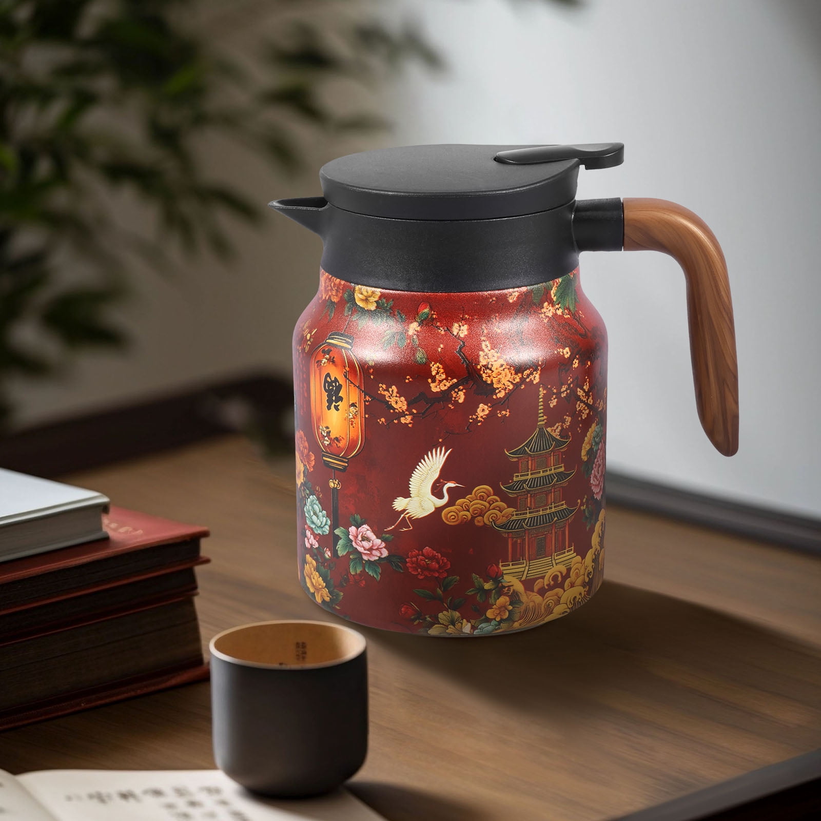 Qenwkxz Vintage Flower Pattern Teapot 33.82oz Vacuum Insulated Stainless Steel Thermal Teapot with Removable Infuser and Wood Handle for Home Office