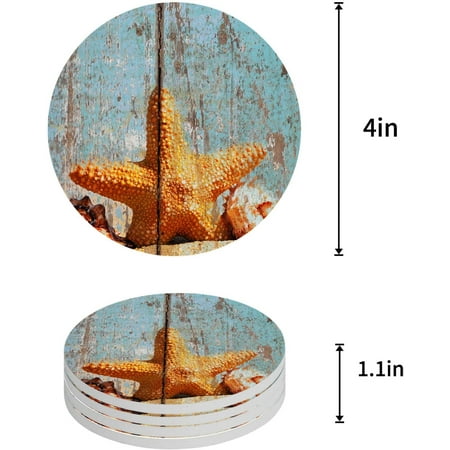 

FMSHPON Ocean Theme Starfish and Shells on Vintage Wood Grain Set of 6 Round Coaster for Drinks Absorbent Ceramic Stone Coasters Cup Mat with Cork Base for Home Kitchen Room Coffee Table Bar Decor