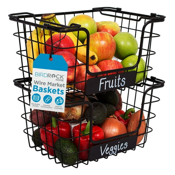 BIRDROCK HOME Stacking Wire Market Basket w/Chalk Label - Metal Storage Bin - Kitchen Counter, Pantry Cabinet, Shelves | Fruit, Vegetables, Bread, Onions, Potatoes & Snack - Metallic Black - Set of 2