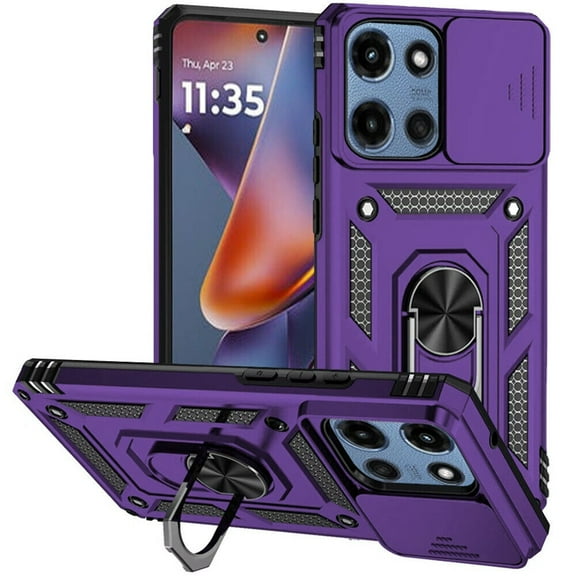 For Motorola Moto G 5G 2025 XT2513V Camera Push Magnetic Ring Hybrid Kickstand Cover Cell Phone Case   Tempered Glass - Purple