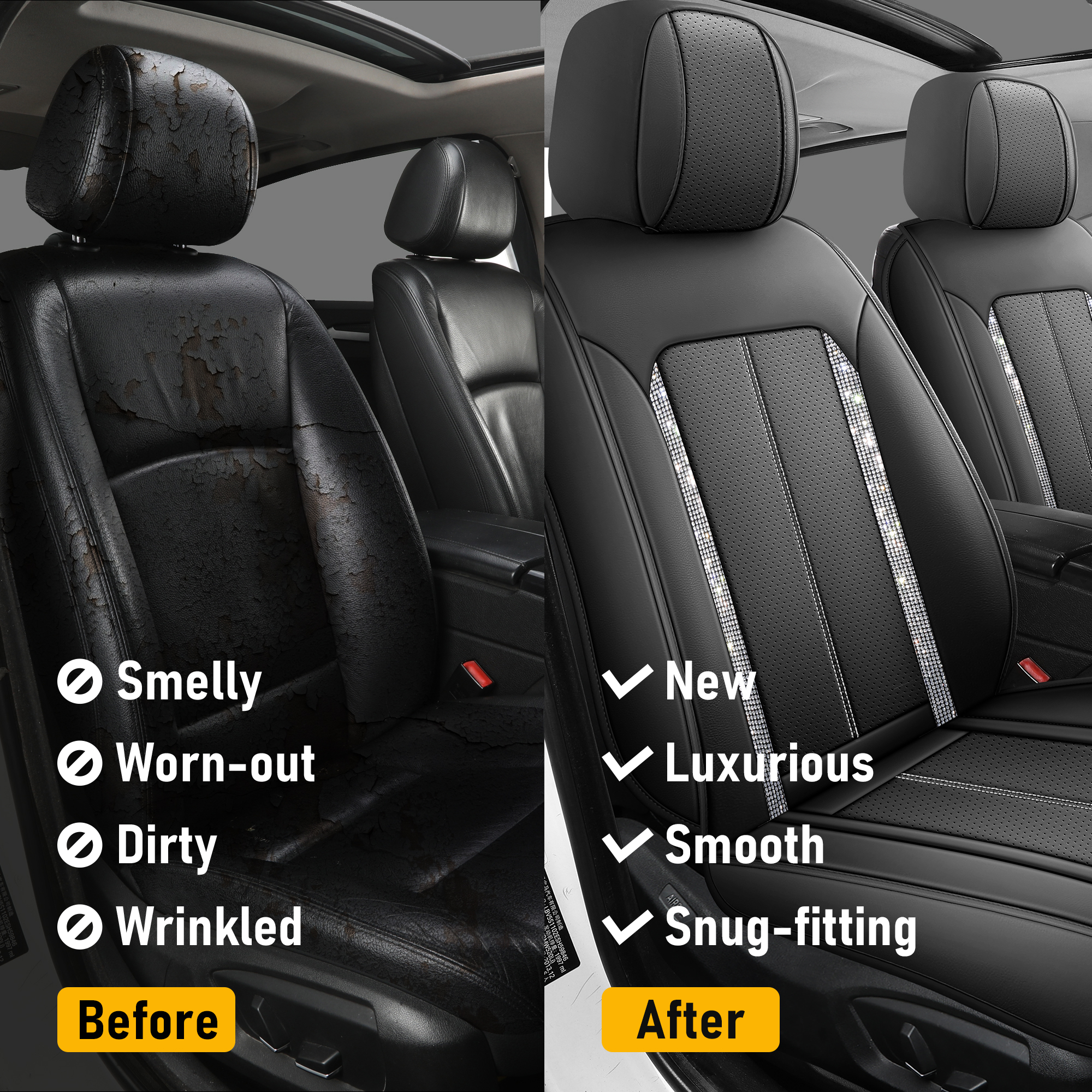 Premium Full Car Seat Covers for 5 Seats with Black Crystal Accents, High-Value Luxury Auto Interior Refresh Kit, Universal Fit for Cars SUVs Trucks