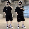 thumbnail image 2 of oqasdz Big Boys Cargo Outfits Short Sleeve Crew Neck T Shirt Multi Pocket and Shorts Soft Cotton Kids Streetwear Casual Clothing Set,Black,Size 5 Y-6 Y, 2 of 4