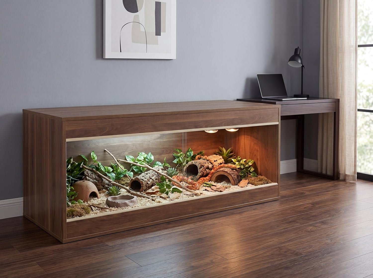 Crawl Creations 180 Gallon Reptile Enclosure, Made in USA 72" x 24" x 24" Bearded Dragon Tank with Sliding Glass Doors, Large Terrarium for Geckos, Snakes, Lizards & Tortoises - California Walnut