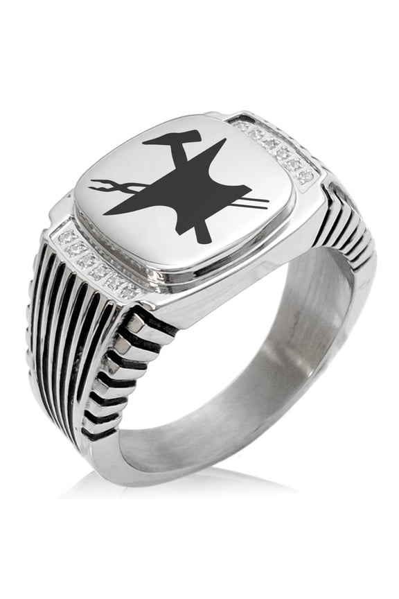 Stainless Steel Hephaestus Greek God of Blacksmith & Fire CZ Ribbed Needle Stripe Pattern Biker Style Polished Ring