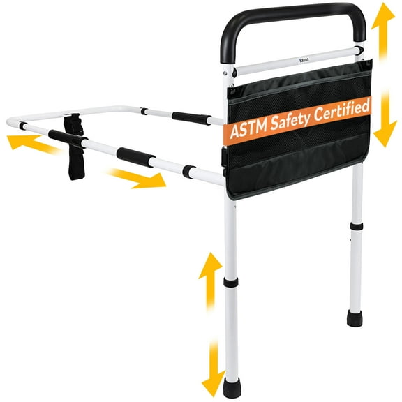 Vaunn Medical New Adjustable Bed Assist Rail Handle (Passed ASTM F3186–17 Safety Standard) and Hand Guard Grab Bar, Bedside Safety and Stability (Tool-Free Assembly), White/Black