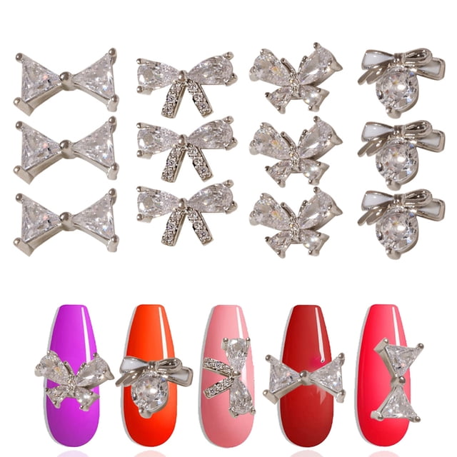 Juego de 12 diamantes de imitación de aleación con lazo para uñas, pajarita, cristales para uñas acrílicas, joyas, diamantes de imitación, arte de uñas