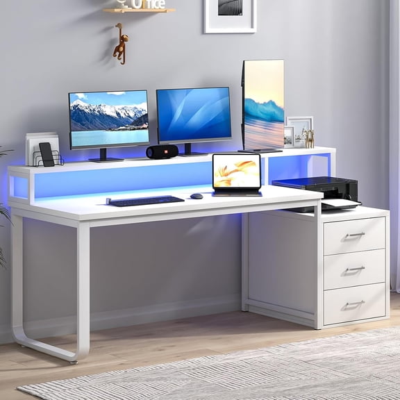 DreamCurship 67 inch White Desk with Monitor Stand, Computer Desk with Adjustable LED Light, Reversible Home Office Desk with 3 Storage Drawers, White