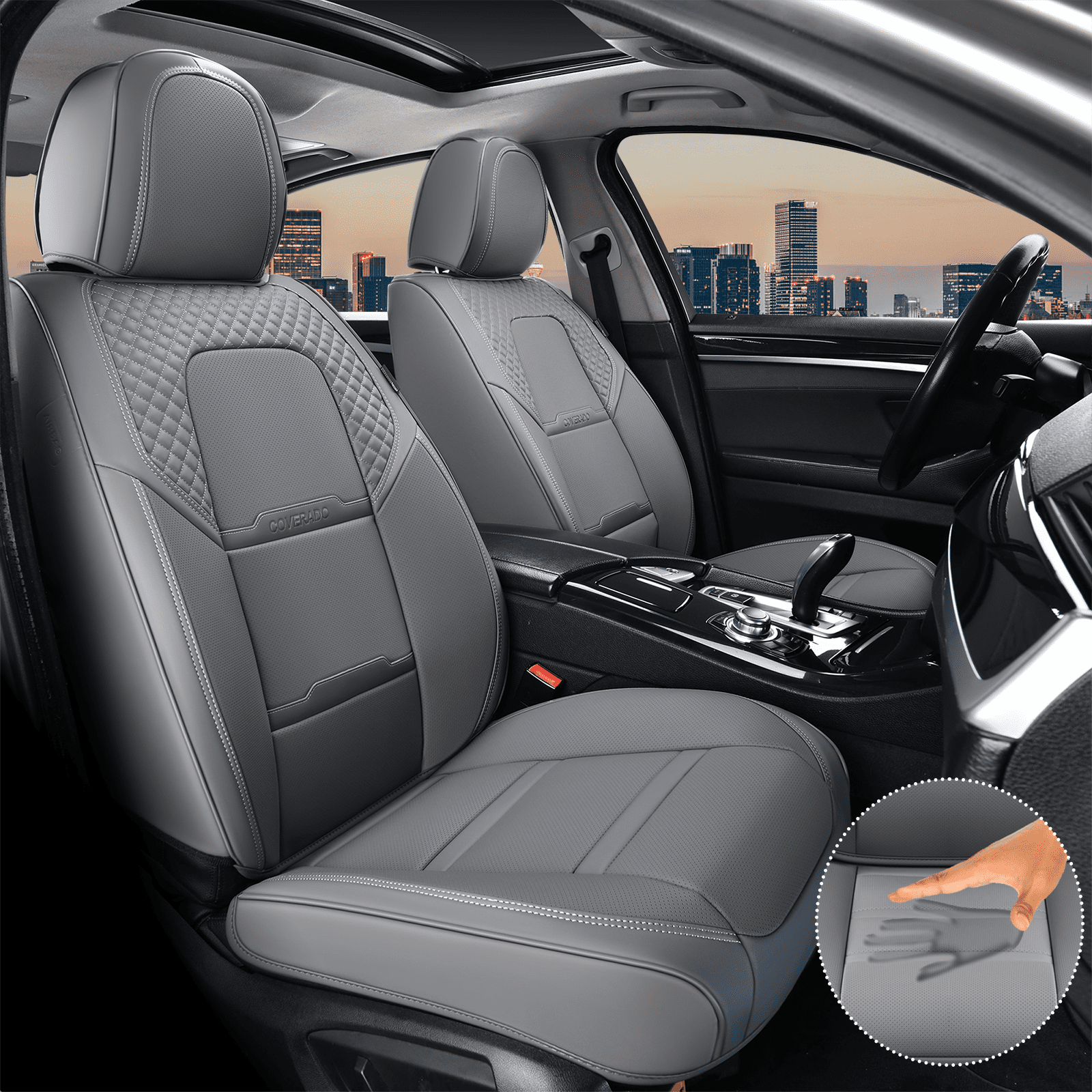 Coverado Car Seat Covers Full Set, Breathable Faux Leather Seat Protectors, Comfortable&Durable, Auto Cushion Universal Fit for Most Cars, Gray