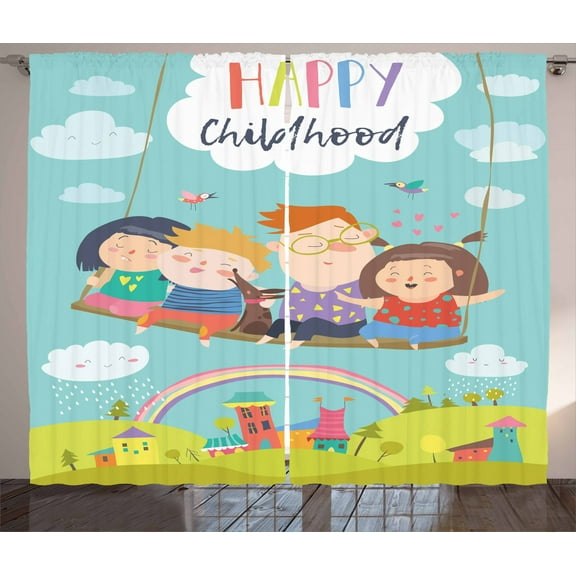 Nursery Curtains 2 Panels Set, Happy Kids on a Swing with Dog Childhood Dreams Themed Cartoon Town Rainbow Design, Window Drapes for Living Room Bedroom, 108W X 108L Inches, Multicolor, by Ambesonne