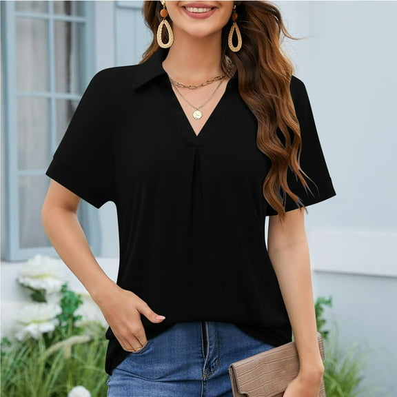 Tittly Womens Shirts Short Sleeve Shirts Womens Summer Daily Casual V Neck Shirts Short Sleeve Tops Collared Blouses Loose Fit Shirt Tshirts Shirts Spring Tops for Women Black L