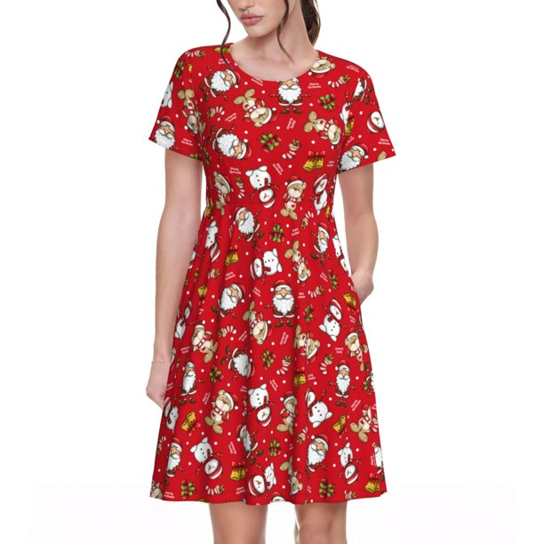 Disketp Christmas Santa Cartoon Snowman A para Vestido de Manga Corta para Mujeres, Vestidos de Verano para Mujeres, Casual y Holgado para la Playa