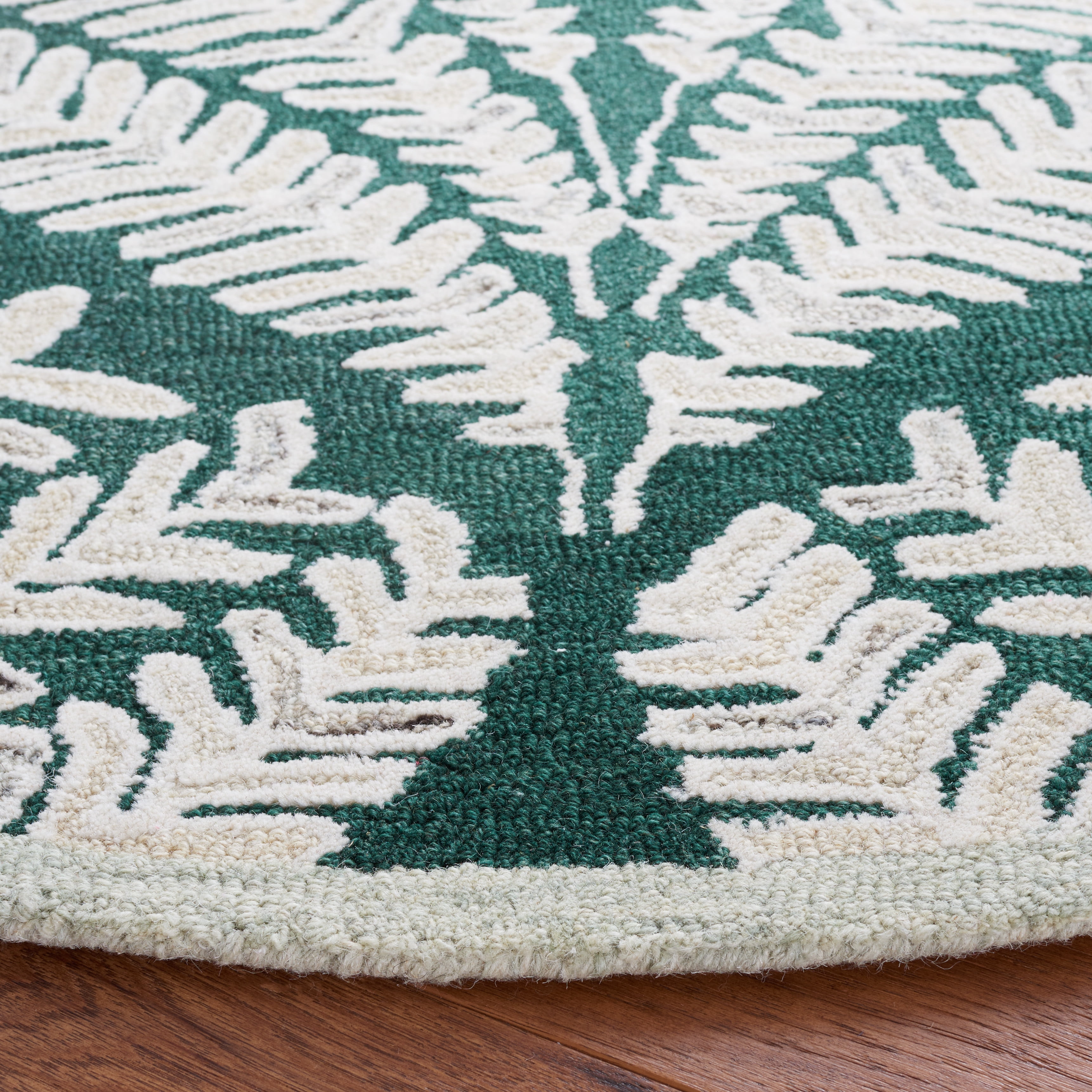 SAFAVIEH Capri Proinsias Leaves Wool Area Rug, Dark Green/Ivory, 7' x 7' Round