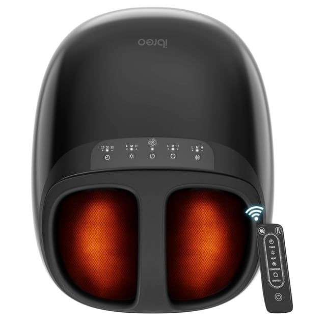 ibreo Foot Massager Machine with Heat, Deep Kneading, Air Compression, Remote Control for Plantar Fasciitis, Sore Feet & Pressure and Pain Relief, Black