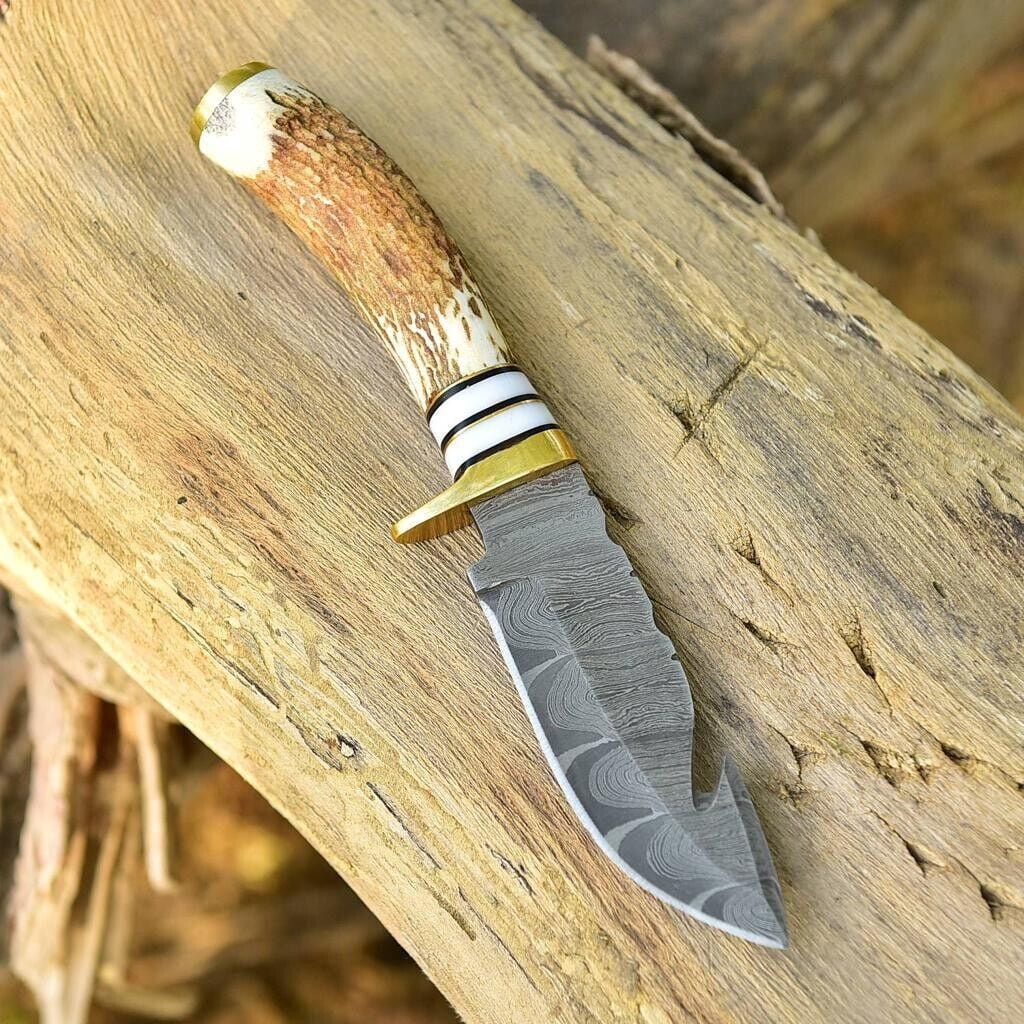 Custom Handmade Damascus Steel Fixed Blade Knife Stag Antler Handle Brass Guard