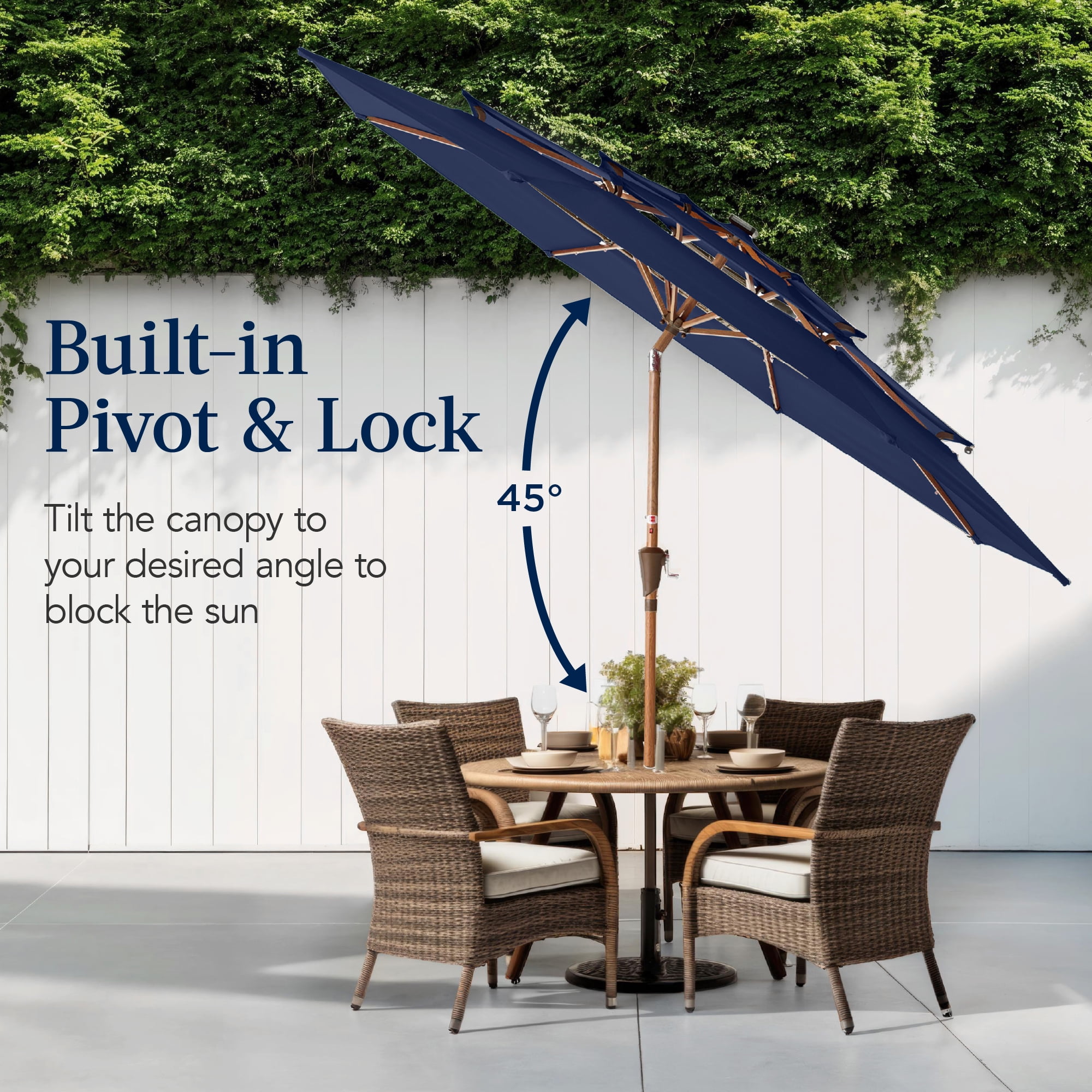 Best Choice Products Woodgrain Pattern 10ft 3-Tier Solar Patio Umbrella w/ 24 LED Lights, Tilt - Navy Blue