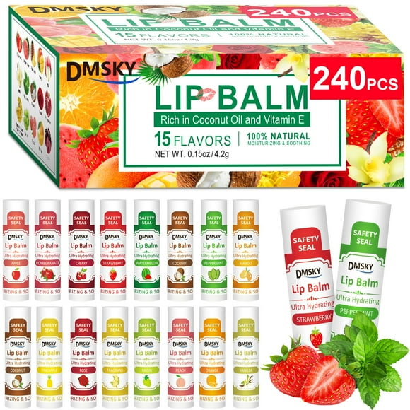 DMSKY Baume à Lèvres, Lot de 240, Baume à Lèvres en Vrac avec Vitamine E et Huile de Coco, Baume à Lèvres Hydratant pour Lèvres Sèches et Gercées - 15 Saveurs