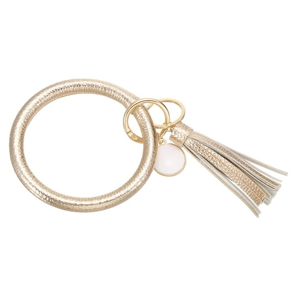 Uxcell PU Leather Circle Wristlet Keychain, Tassel with Pendant Round Bangle Keyring Bracelet Wristlet Holder Keychains for Women Car Key Accessories- 1 PCS (Champagne)