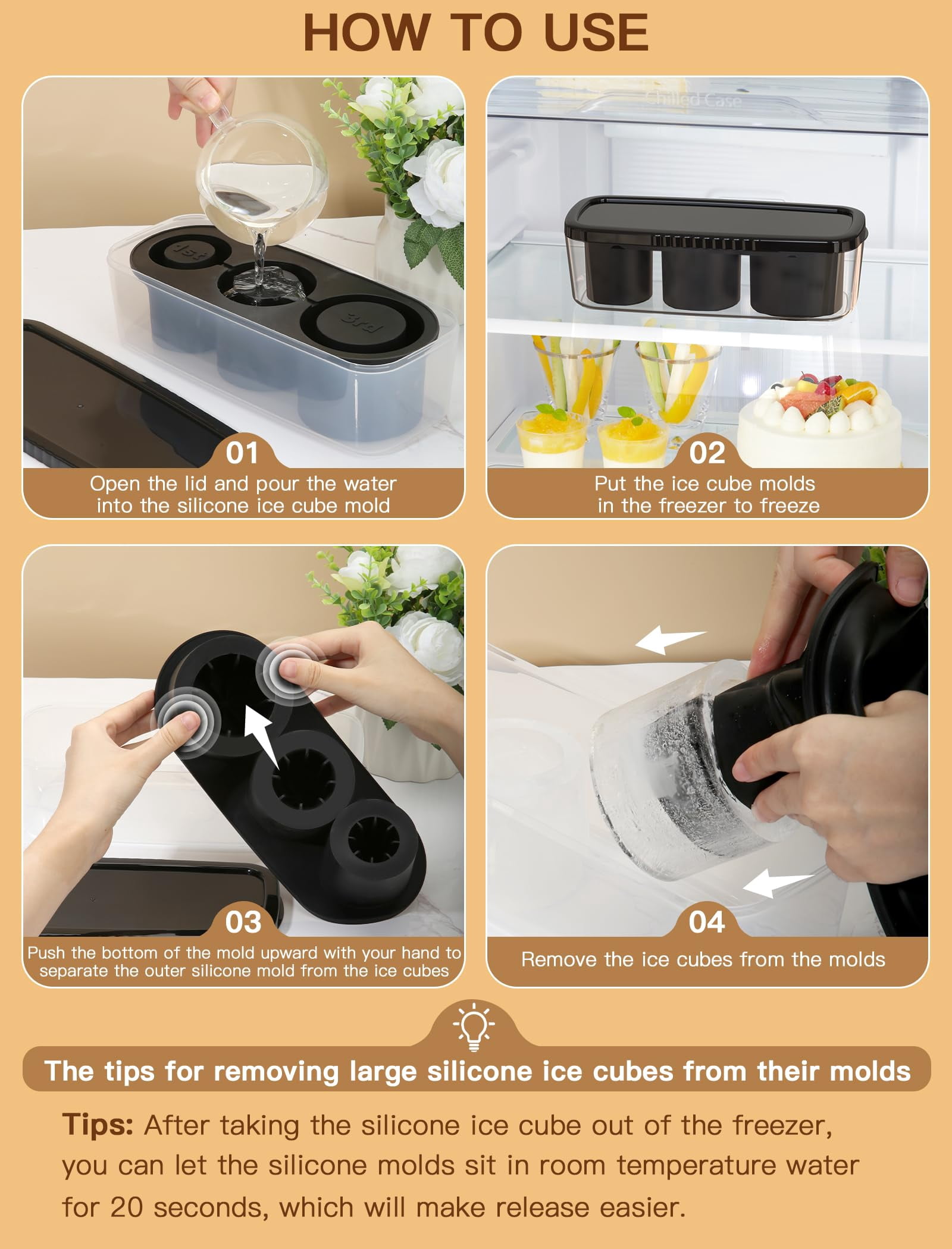 Ice Cube Tray For Tumbler Cup 30oz-40oz  3 Silicone Cylinder Mold With Lid And Bin Freezer Easy Fill Release Maker Cocktail (black 40oz-type1)