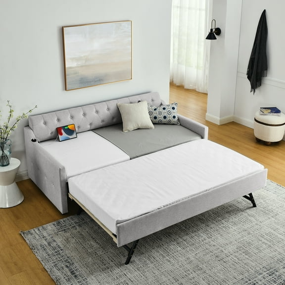 CoSoTower Twin Size Upholstery Daybed with Twin Size Erectable Trundle and USB Charging Design, Linen Beige