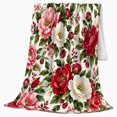 thumbnail image 2 of Red Pink Botanical Flannel Blanket for Botanical Art Fans, Sofa and Living Room Home Decor Housewarming Gift with Soft Painterly Layered Bloom Sofa Garden Scene Motif, 2 of 9