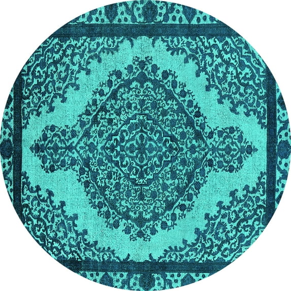 Ahgly Company Machine Washable Indoor Round Oriental Turquoise Blue Industrial Area Rugs, 3' Round