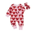 thumbnail image 2 of Valentines Outfit Baby Girl Long Sleeve Heart Print Zipper Romper Jumpsuit with Headband Set Cute Baby Girl Clothes Baby Girl 12-18 Months Clothes, 2 of 9