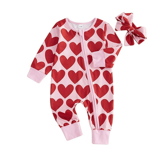 Baby Girl Valentines Day Romper Heart Print Full Length Zipper Front Jumpsuit Overalls Clothes 12-18 Month Girl Clothes 18 Month Old Girl Clothes