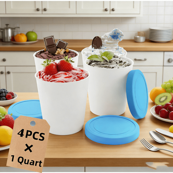 4PCS Freezer Containers - Reusable, leak-proof, and stackable. Perfect for ice cream, lunch, salad, leftovers, soup, and oats!