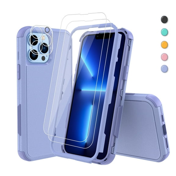 Xhy for iPhone 13 Pro Case with Screen Protector & Camera Lens Protector Rugged Rubber Durable 3 in 1 Protective Phone Cover for Girl Men Women Cute (Purple)