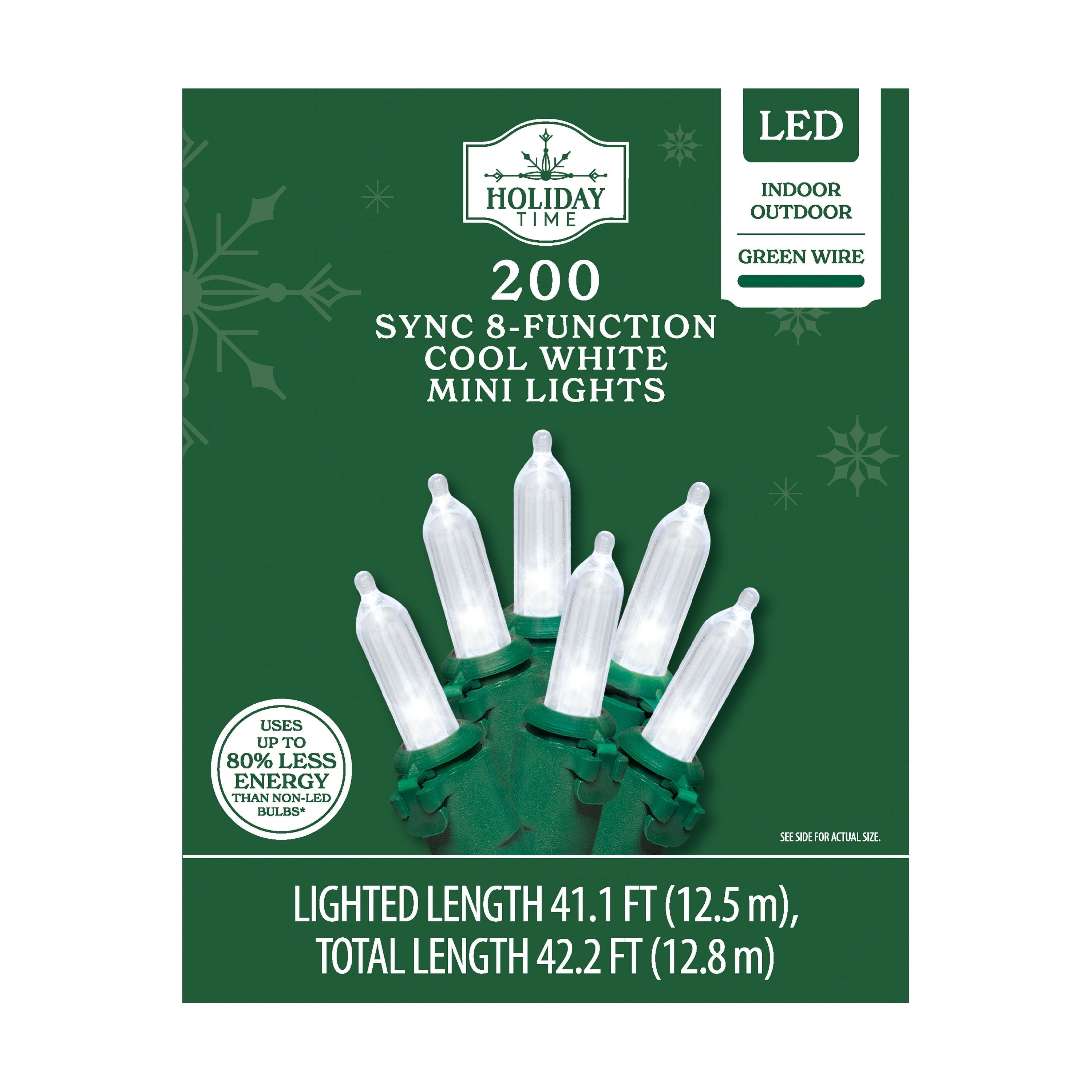 Indoor/Outdoor 200-Count LED 8-Function Sync Mini Christmas String Lights, Cool White, Green Wire, 41.1', by Holiday Time