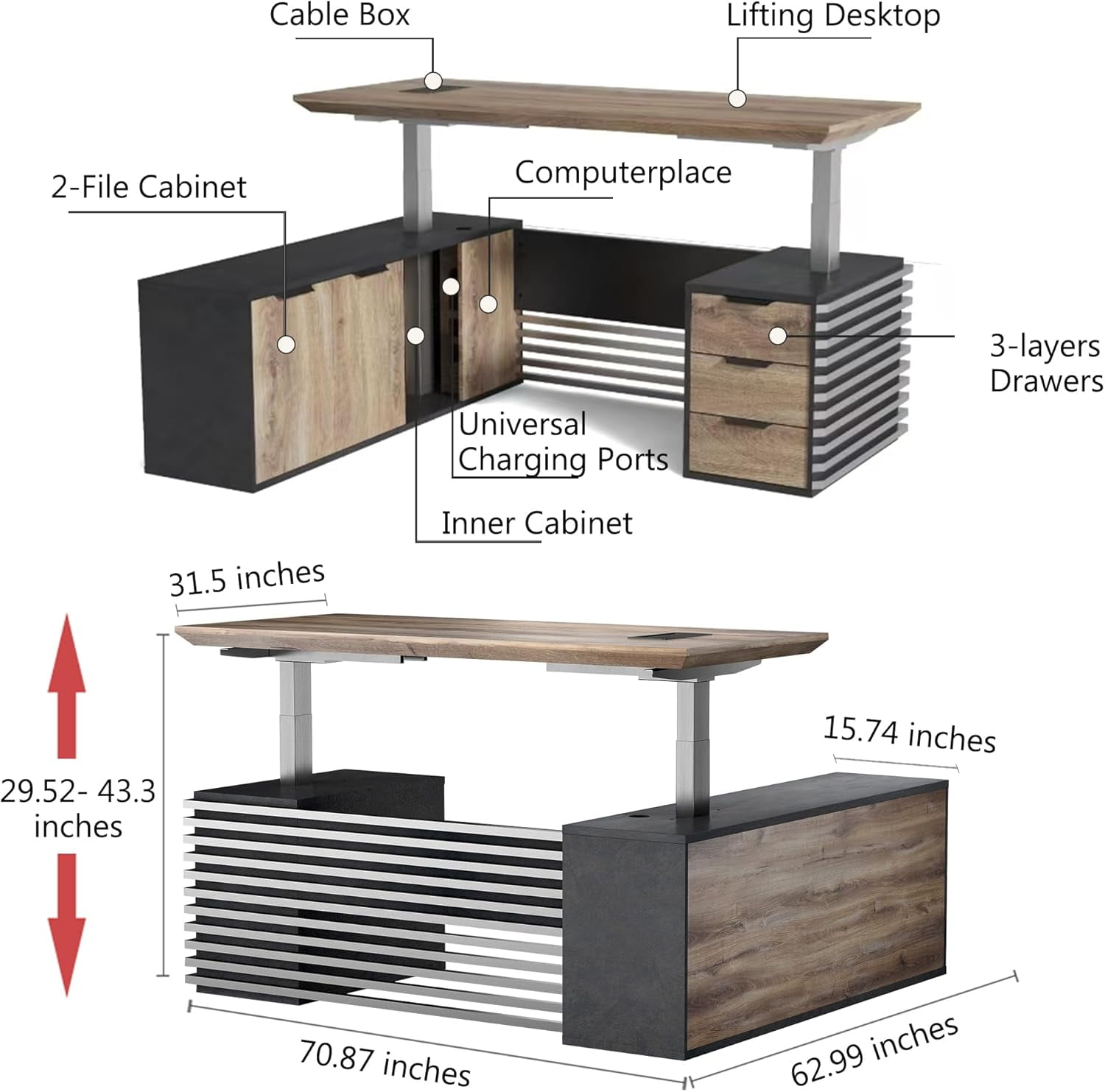 70.87" Adjustable Heigh L Shaped Executive Desk with Drawers Cabinets Universal Charging Ports(Left Return)