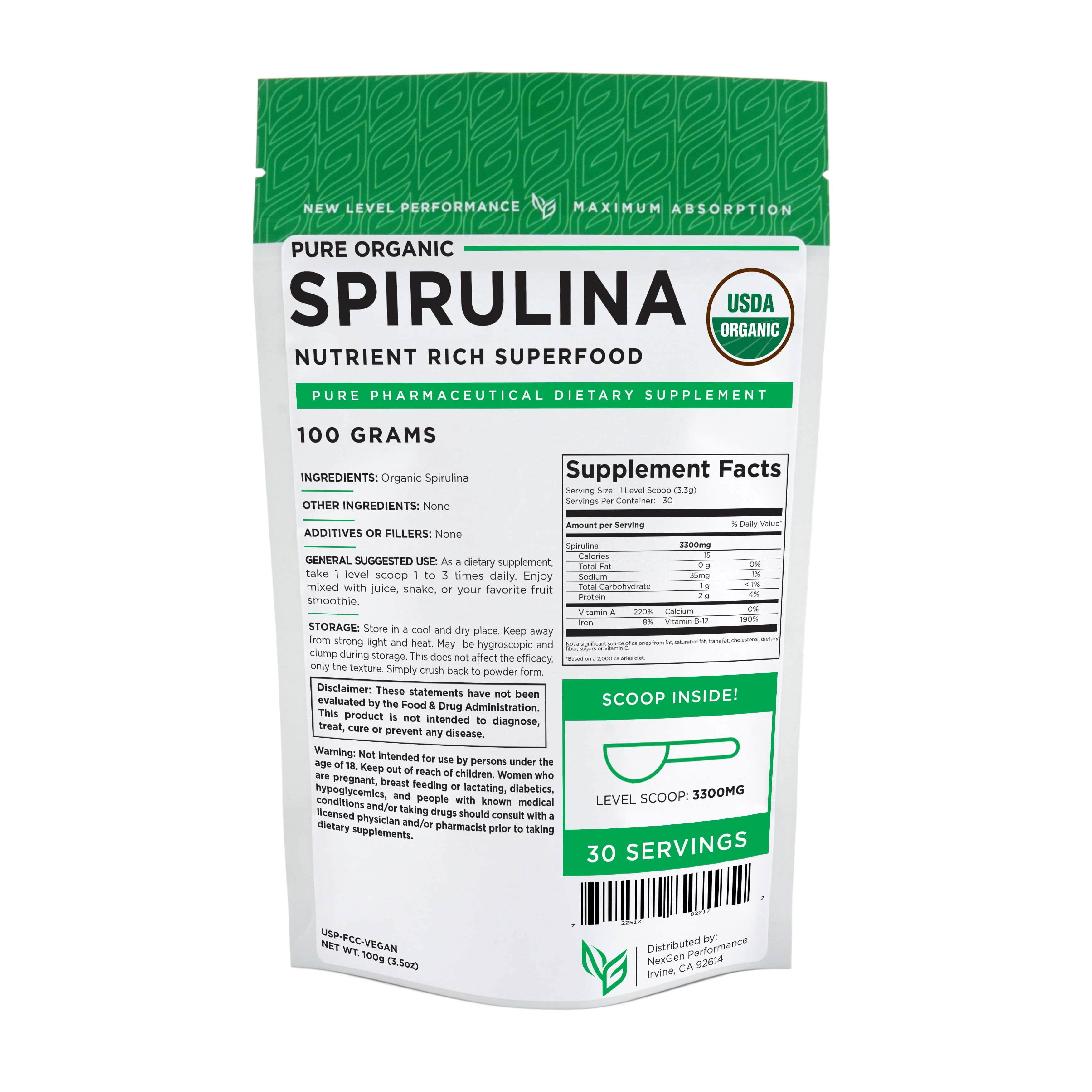 Spirulina USDA Powder 100g (3.5oz) Organic nonGMO Pure Energy