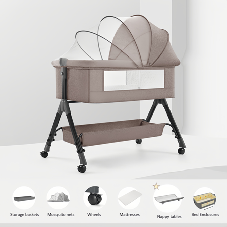 4-in-1 Baby Bassinet ,Upgrade baby crib with Adjustment Heights& Diaper Changer,for Newborns 0-24 Months, Unisex,KHAKI