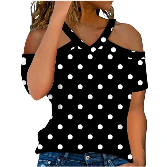 Lovskoo Womens Summer Tops Trendy Polka Dot Print V-Neck Off Shoulder Casual Short Sleeved Top Shirt Black