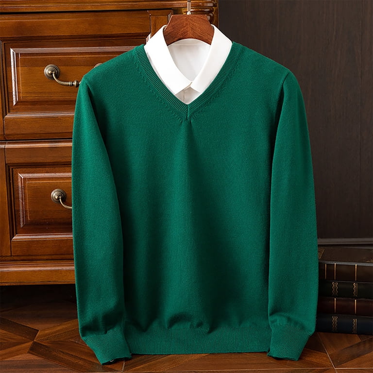 Haiming Men's Dress Sweater Long Sleeve V Neck Slim Fitted Strenchy Casual Solid Color Pullover Tops, Size: 2XL, Green