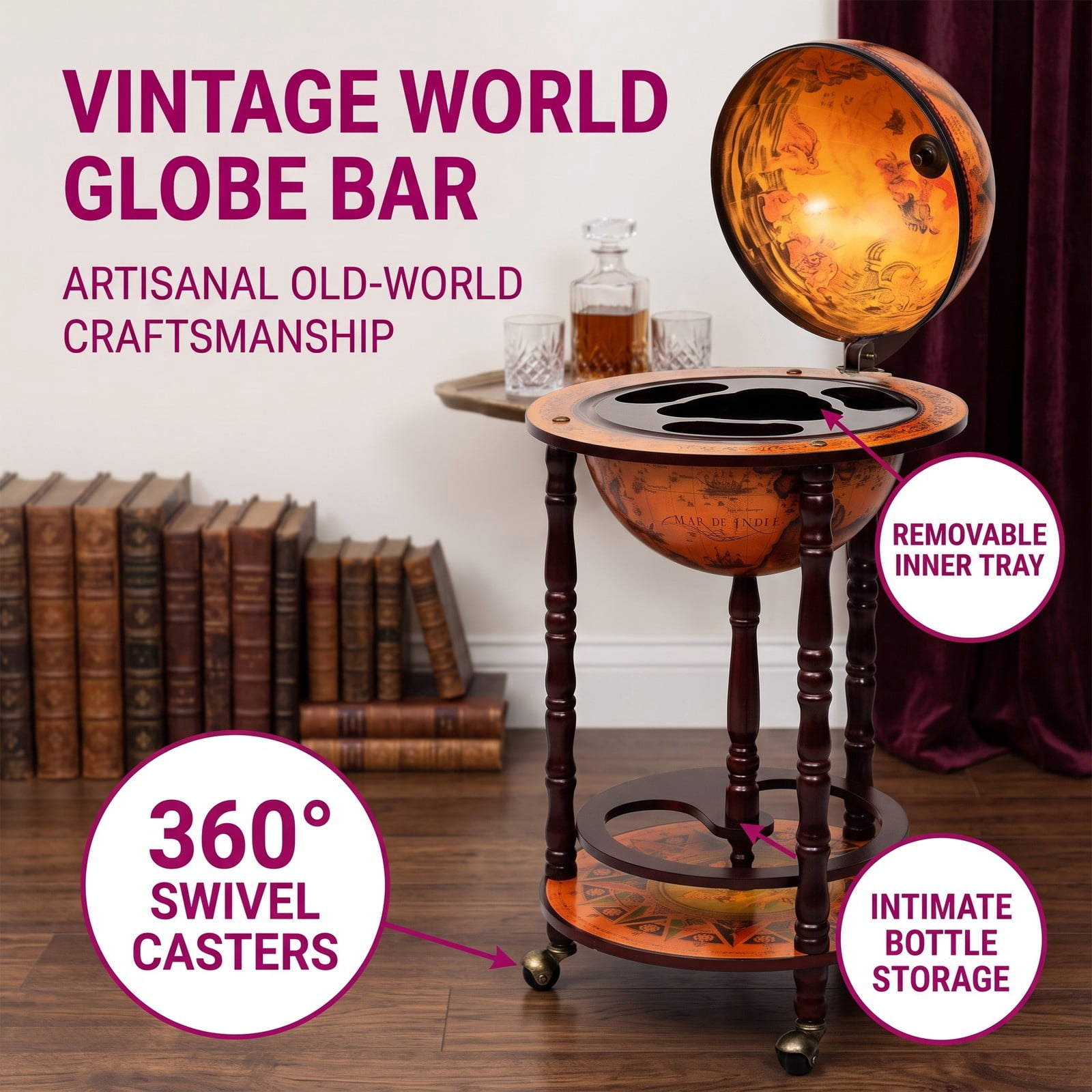 RUIE 16th Century Globe Wine Bar Stand, Freestanding Wood Wine Rack Cabinet with Antique Map Design for Living Room Bar Kitchen Storage, Brown