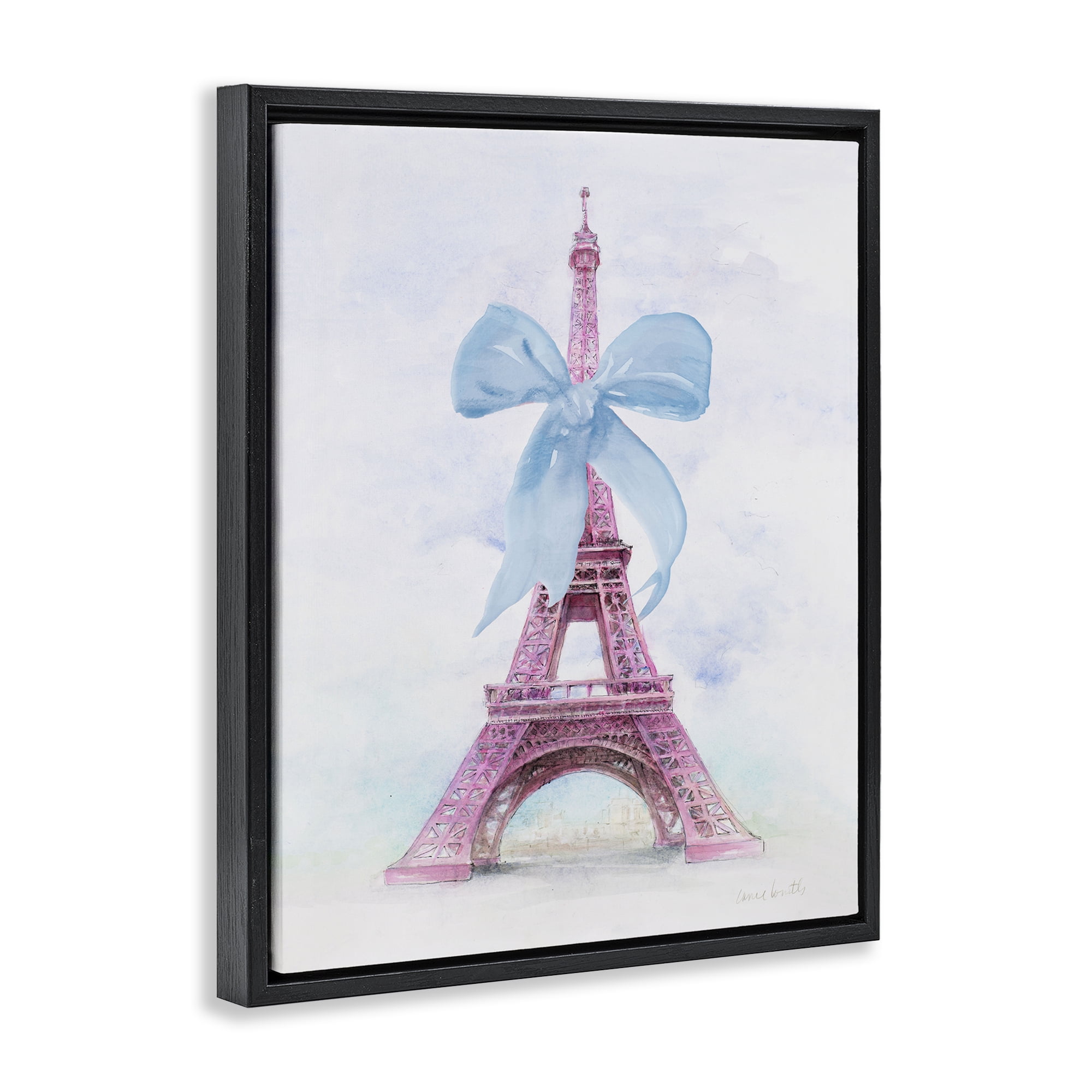 Stupell Industries Pretty Bow Eiffel Tower Buildings & Architecture Painting Black Floater Framed Canvas Art Print Wall Art, 17 x 21