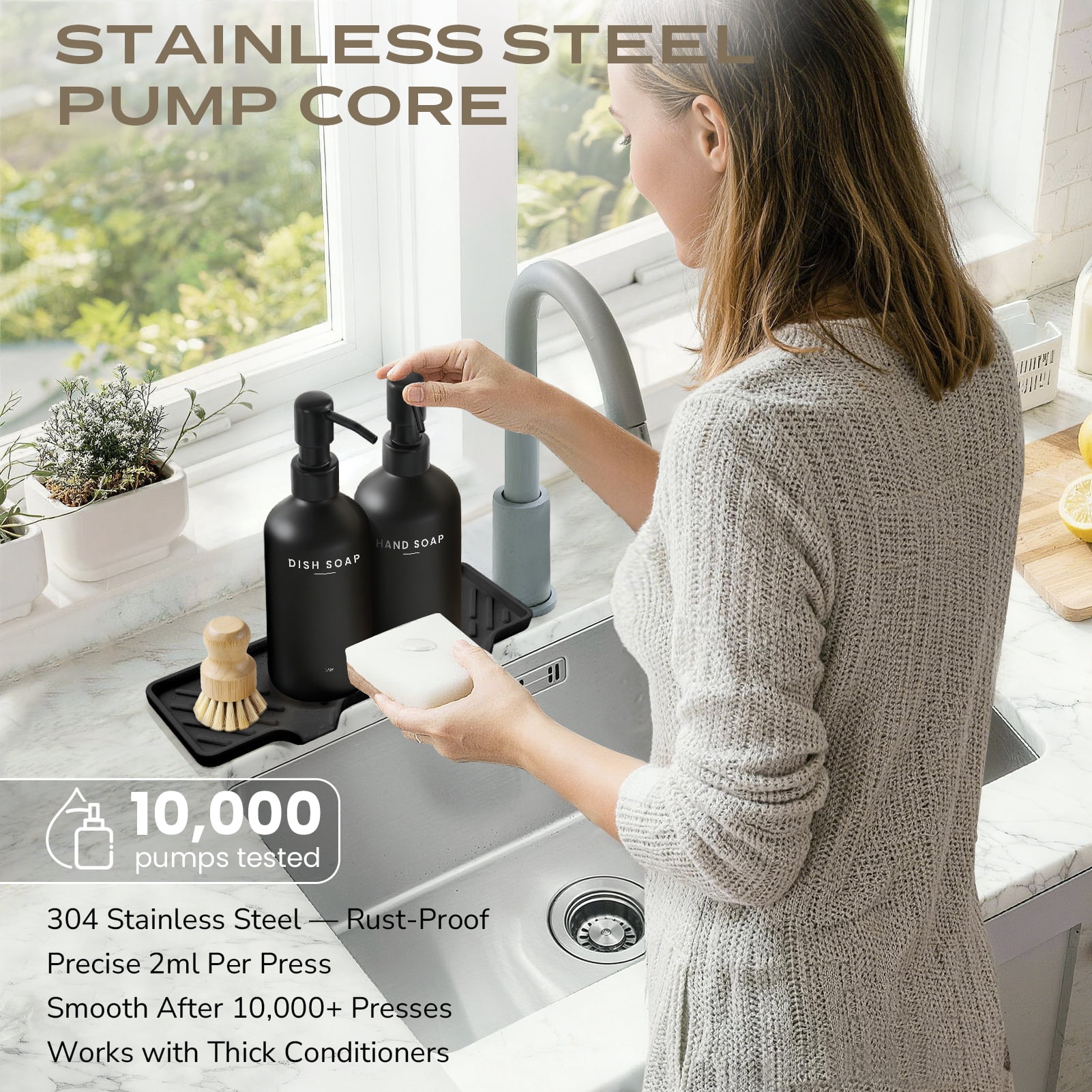 Kitchen Soap Dispenser Set - 17fl oz Glass Bottle, Stainless Steel Pump, Instant Dry Tray and Dish Brush for Bathroom, Office, Hotel, Modern Kitchen Decor & Accessories, Black