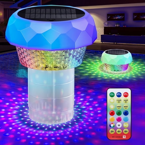 WARMTUYO Floating Solar Pool Lights Chlorine Floater, Adjustable Chlorine Dispenser   RGB Color-Changing Lights w/ Remote,for Pools, Garden,Hot Tubs & Spas