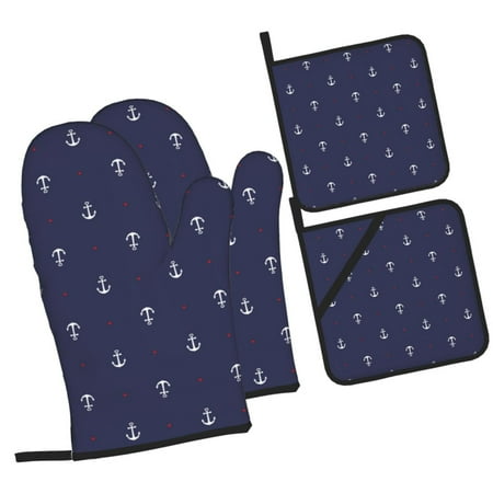 

Daiia Anchor Heart Blue Pattern Oven Mitts and Pot Holders 4 pcs Set High Heat Resistant 500 Degree Extra Thicken Long Kitchen Cotton Oven Glove