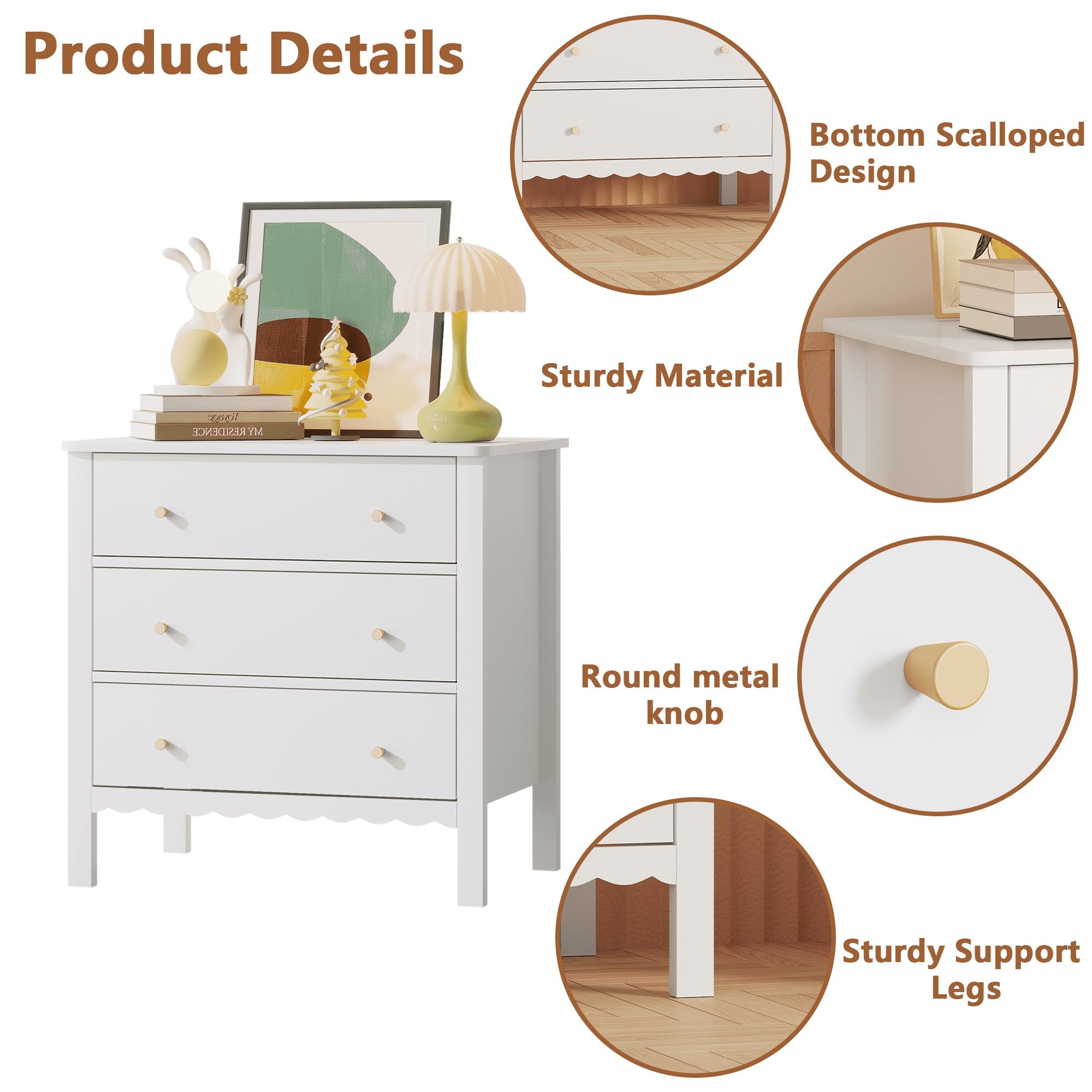 HOQBN White 3 Drawer Dresser for Bedroom,Modern Chest of Drawers with Gold Knobs,Wooden Storage Cabinet for Living Room