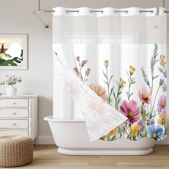 No Hook Shower Curtain with Snap in Liner, Country Flower Leaf Watercolor Plant Curtain Set See-Through Top Double Layers Wildflower Floral Shower Curtains for Bathroom Decor, 72x72in