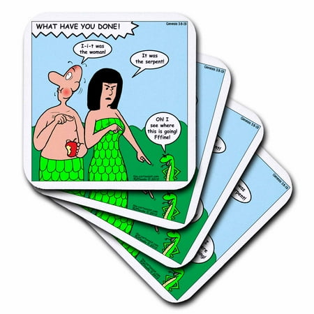 

3dRose Genesis 3 8 19 The Blame Game Bible genesis 3 8 19 Adam Eve man woman serpent snake garden apple Soft Coasters set of 8