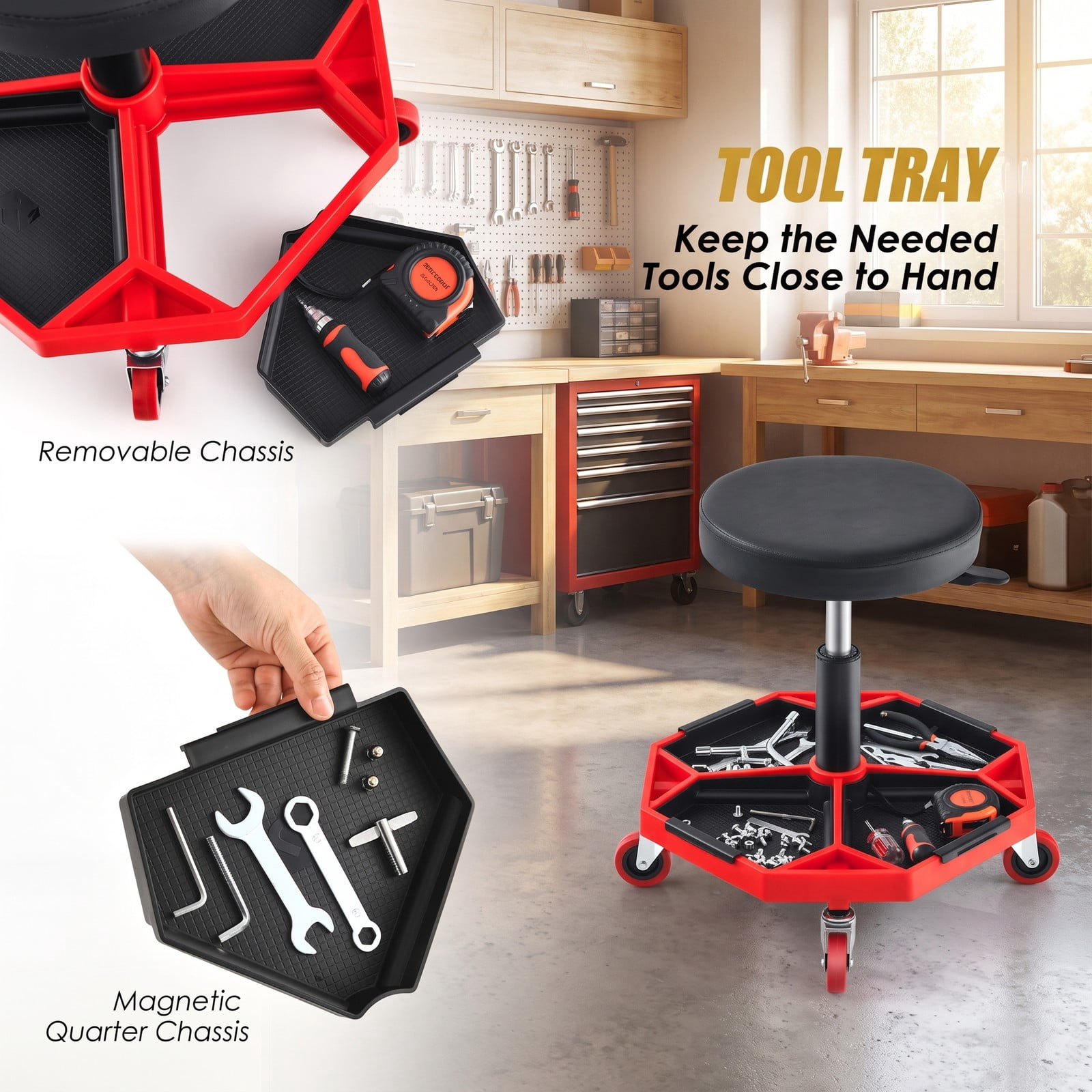 Biotree Pneumatic Rolling Mechanic Stool with Padded Seat, 330 LBS Capacity Height Adjustable Swivel Garage Shop Work Chair with Tool Tray and 4 Casters, Red