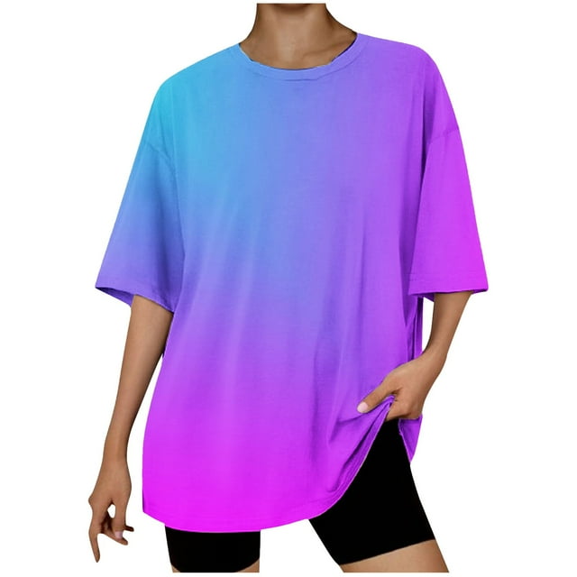 Hauts pour Femmes, Shorts pour Femmes, T-Shirt Décontracté Dégradé Col Rond Épaules Tombantes Manches Courtes, Hauts Décontractés pour Femmes